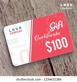 Gift certificate card web template on wooden background. Suitable for sale, gift, discount card. Text mock up.