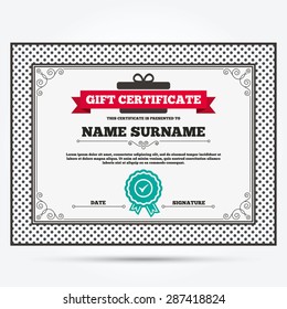 Gift certificate. Check mark sign icon. Yes circle symbol. Confirm approved. Template with vintage patterns. Vector