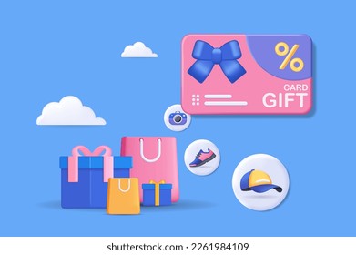 Gift certificate concept 3D illustration. Icon composition with gift card with discount, shopping bags and present boxes, store loyalty program for customers. Vector illustration for modern web design