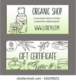 Gift certificate with cosmetic bottles. Organic cosmetics illustration. Doodle skin care items. Herbal hand drawn set. Spa elements in sketchy style. Bio cream. Women make up icons.