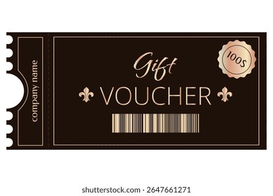 Certificado de regalo, Cupón, fondo negro, letras de bronce, medallón, marca de calidad, lirio real, código de barras, $ 100, nombre de la empresa