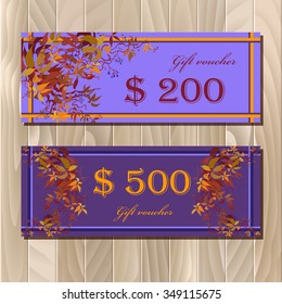 Gift certificate, Coupon template,Voucher. Vector background with autumn wild grape branches with orange red leaves for invitation, banner, ticket.  Orange and violet colors.