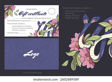 Gift certificate design (both sides) featuring a two-headed snake intertwined with vibrant pink flowers. Elegant and mystical artwork on a white background, perfect for tattoo studios and unique gifts