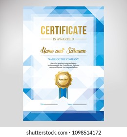 Gift certificate design, creative template for text placement, geometric blue background with beautiful gold medal