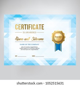 Gift certificate design. Modern geometric blue background with a gold medal, a template to place text