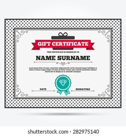 Gift certificate. Diamond sign icon. Jewelry symbol. Gem stone. Template with vintage patterns. Vector