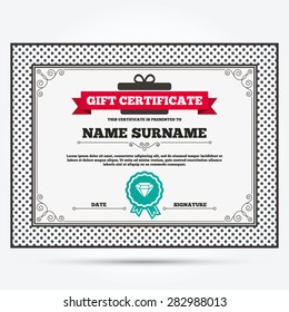 Gift certificate. Diamond sign icon. Jewelry symbol. Gem stone. Template with vintage patterns. Vector