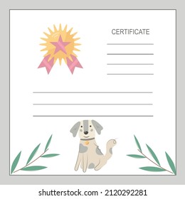 Gift certificate with dog, medal and green branches. Dog ID template. flat vector illustration. Certificate to the winner at the dog show..