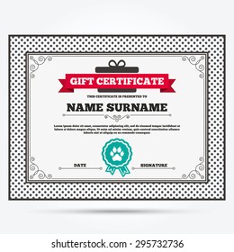 Gift certificate. Dog paw with clutches sign icon. Pets symbol. Template with vintage patterns. Vector