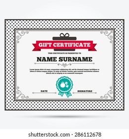 Gift certificate. Dumbbell with kettlebell sign icon. Fitness sport symbol. Gym workout equipment. Template with vintage patterns. Vector