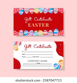 Gift certificate for Easter. Easter voucher with colorful Easter eggs. Gift certificate template.