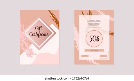 Certificado de regalo elegante. Moderna tarjeta de invitación de regalo diseño de estilo rosa de moda de cupón de premio de efectivo premium, descuento especial de vector oferta financiera.