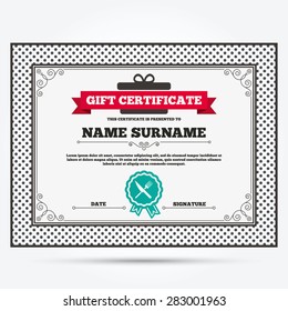 Gift certificate. Food sign icon. Cutlery symbol. Knife and fork. Template with vintage patterns. Vector