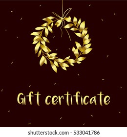 Gift certificate. Gold wreath on red background. Hand drawn luxury vector card.