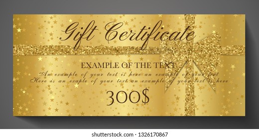 Gift Certificate, Golden ticket, Gift Voucher with sparkle starry glitter background and pink bow (ribbon). Blank coupon  template useful for invitation, party, event or entertainment show 