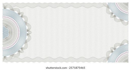 Gift certificate. Guilloche voucher, coupon or cheque, diploma template with guilloche pattern rosette and borders. Blank patent paper document, banknote with editable vector strokes.