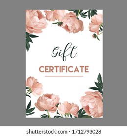 Gift certificate. Hand drawn realistic peonies background. Vector template.