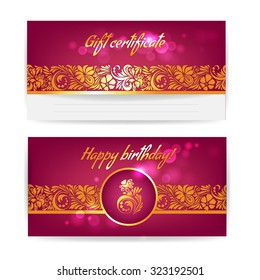 Gift certificate. Happy birthday.Vector template for greeting card, banner, flayers,greetings. Gold stripe pattern on a dark red background. Glow bokeh, retro style.Floral ornament
