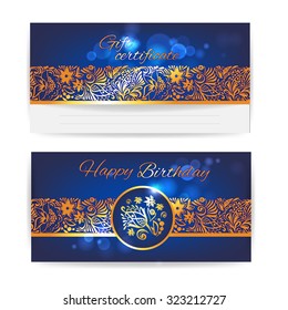Gift certificate. Happy birthday.Vector template for  leaflets,greeting card, banner, greetings, invitation. Gold stripe pattern on a dark blue background. Glow boke, retro style.Floral ornament