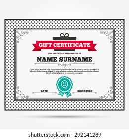 Gift certificate. Happy face chat speech bubble symbol. Smile icon. Template with vintage patterns. Vector