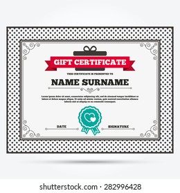 Gift certificate. Hearts sign icon. Love symbol. Template with vintage patterns. Vector