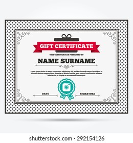 Gift certificate. Hipster photo camera sign icon. Retro camera symbol. Template with vintage patterns. Vector