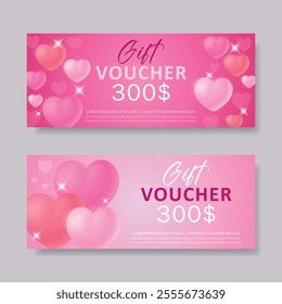 Gift certificate for a holiday with hearts. Gift certificate template with volumetric hearts. Vector.