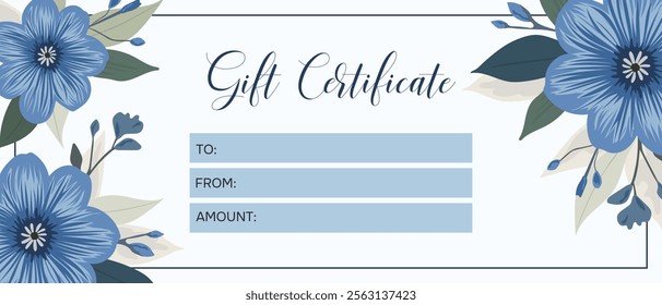 Gift certificate, invitation voucher template. White background with blue delicate flowers. Vector.