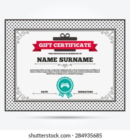 Gift certificate. Joystick sign icon. Video game symbol. Template with vintage patterns. Vector