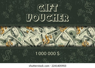 Gift certificate layout with money background with 100 dollar bills, gold dollar sign, grunge texture, copy space. Green khaki colors. Rough style. Horizontal landscape orientation