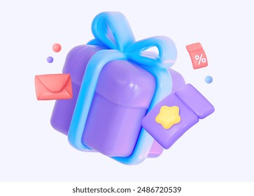 Ein Geschenkgutschein mit einem Brief und fliegenden Coupons. 3D-Vektorillustration für Vertrieb, Abonnements oder E-Mail-Newsletter.