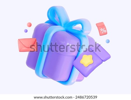 A gift certificate with a letter and flying coupons. 3D vector illustration for sales, subscriptions or email newsletters.