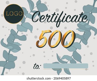 Gift certificate with logo and discount amount. Gift voucher with floral background, vintage style gift card. Hand drawn background with dots and leaves.