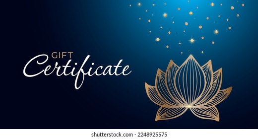 Gift certificate with luxurious and elegant lotus flower with sparkling golden pollen on blue background