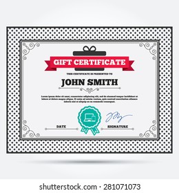 Gift certificate. Mobile devices sign icon. Notebook with smartphone symbol. Template with vintage patterns. Vector