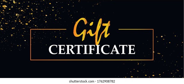 Certificado de regalo sobre fondo negro con decoración dorada. Spray de oro, marco dorado. Ilustración vectorial.