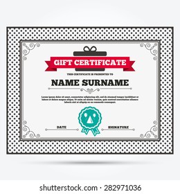 Gift certificate. Party hat sign icon. Birthday celebration symbol. Air balloon with rope. Template with vintage patterns. Vector