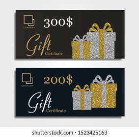 Gift certificate for premium segment with gold and silver gift boxes and dollar discount