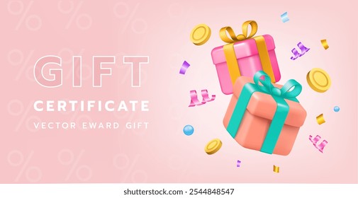 Gift certificate. Realistic isolated glossy present. Render birthday symbol, sale and discount banner design. Special offer. Flyer template. Voucher and coupon. Loyalty program. Vector illustration