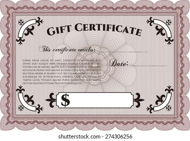 Gift certificate red template with complex design.