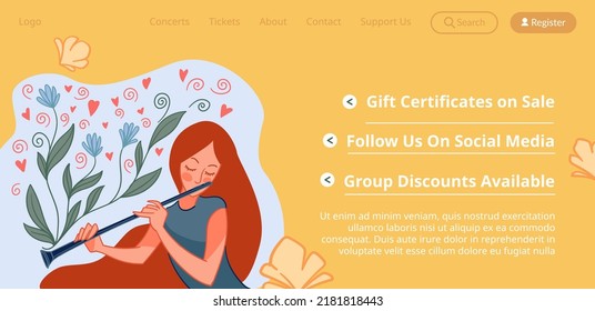 Gift certificate, sales and discounts on music concert performances. Woman playing on flute, elegant and tender sounds and melodies. Website landing page template, internet site. Vector in flat style