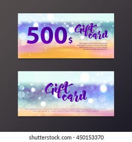 A gift certificate to the sea and the beach is out of focus. Card with blurred background and bokeh. Save 500 on a trip to the tropics, beach holiday. Gift voucher for the resort.