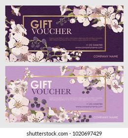 Gift certificate for a spa, beauty salon, shops, cosmetics and restaurants. Gift voucher. Discount card. Flowering branches on a lilac and violet background. Vector illustration