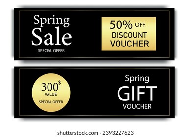 Gift certificate for spring sale with gold decoration. Invitation card. Voucher template. Background for invitation, shop, beauty salon, spa.