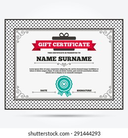 Gift certificate. Target aim sign icon. Darts board symbol with heart in the center. Template with vintage patterns. Vector