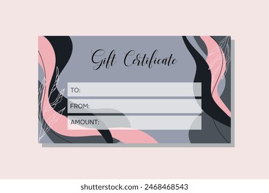 Gift certificate template in abstract style. Certificate template for salon, spa, gallery, store in black and pink colors. Vector.