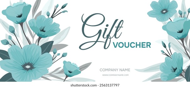 Gift certificate template with blue flowers. Vector.