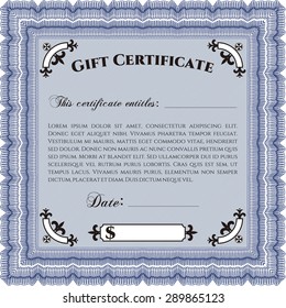 Gift certificate template. Cordial design. Border, frame.With complex linear background. 