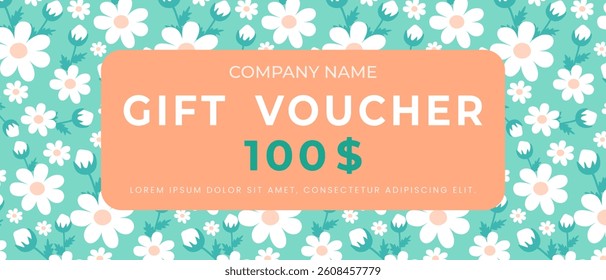 Gift certificate template with daisies. Gift voucher with flowers. Vector.