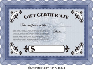Gift certificate template. Excellent complex design. With complex background. Detailed.